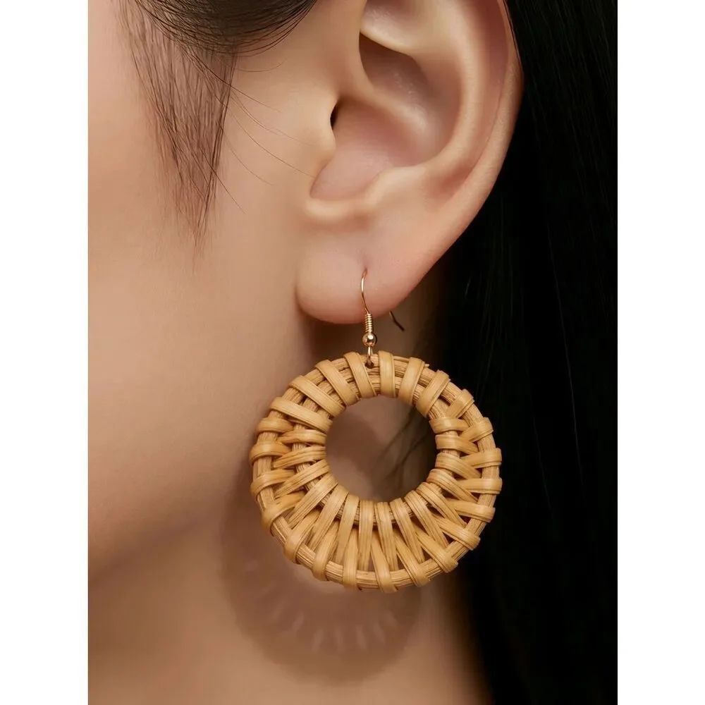 Large Rattan Hoop Dangle Earrings Cutout Boho Statement Summer Festival Jewelry